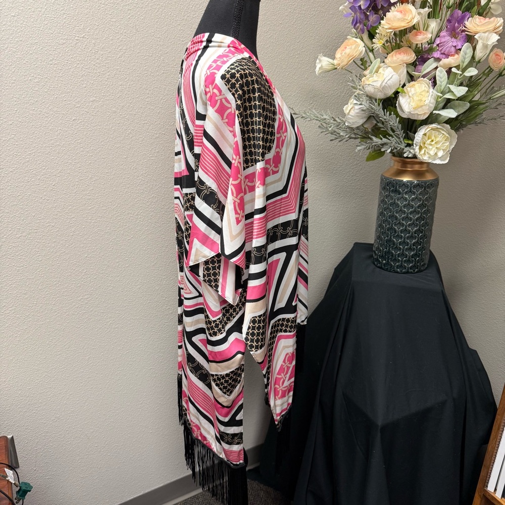 Cato One Size Kimono Cardigan Pink Black Geometric Fringe Trim Boho Festival - Picture 4 of 7
